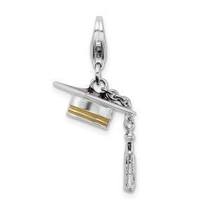 925 Silver Gold-tone 3-D Enameled Graduation Cap & Tassel Bracelet Charm w Clasp